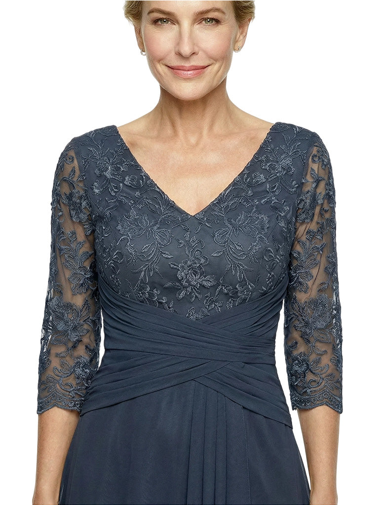 Beautiful Lace V-Neck High-Low Mother Of The Bride Dress With Sleeves