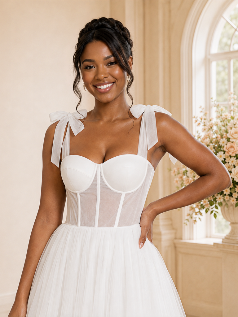 ChicSew Elegant Spaghettt Straps Boning Tulle A-Line Tea-Length Wedding Dress