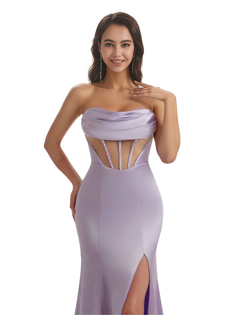 Elegant Sweetheart Mermaid Soft Satin Long Bridesmaid Dresses Sexy See Through