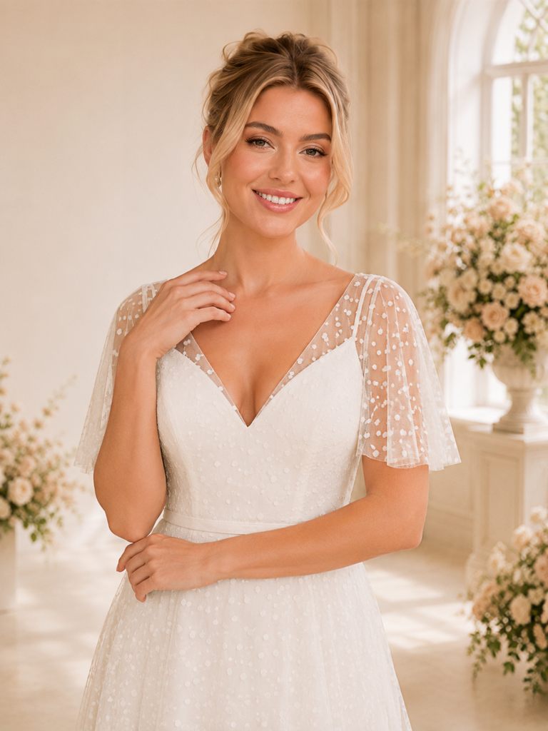 ChicSew Fancy V-Neck A-Line Lace Flutter Sleeves Maxi Long Wedding Dresses