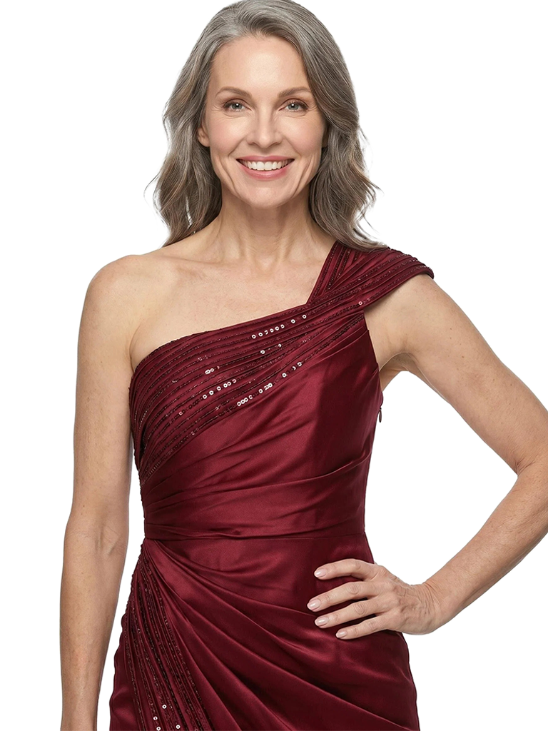 ChicSew One Shoulder Sequin Side Slit Ruched Satin Floor-Length Mermaid Mother of the Bride Dress