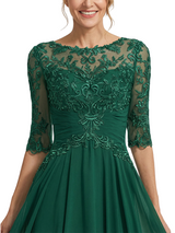ChicSew Jewel Half Sleeve Lace Applique Ruched A-Line Floor Length Chiffon Fancy Mother of the Bride Dresses