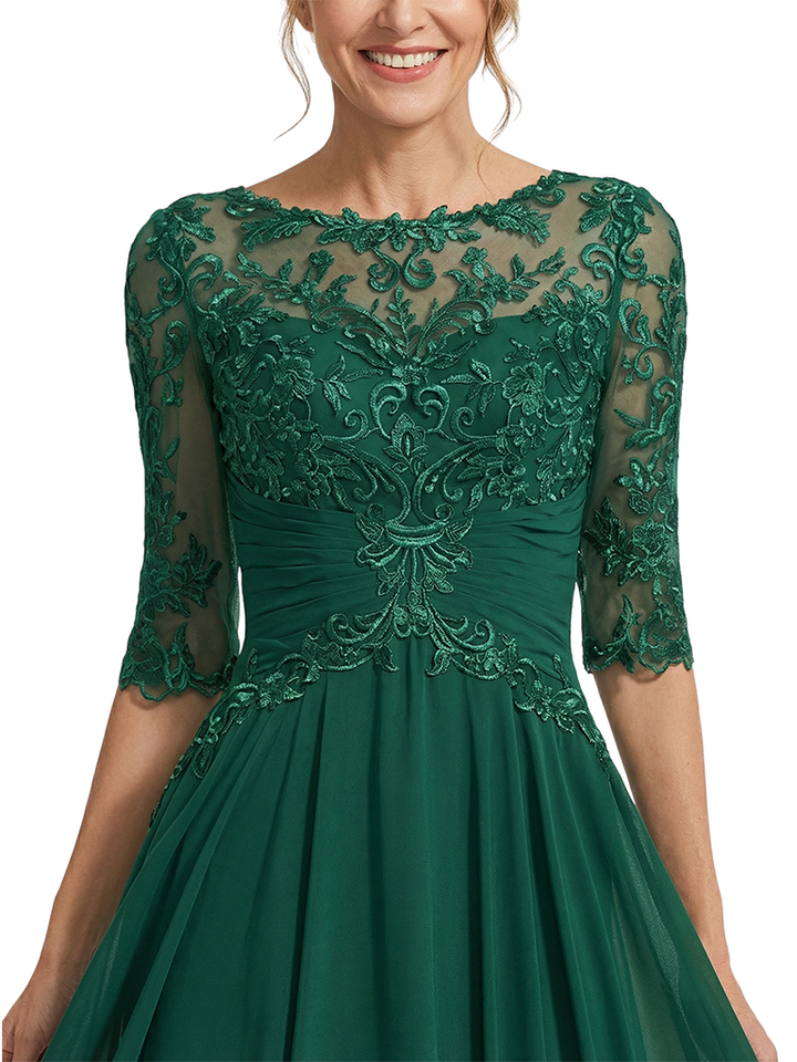 ChicSew Jewel Half Sleeve Lace Applique Ruched A-Line Floor Length Chiffon Fancy Mother of the Bride Dresses