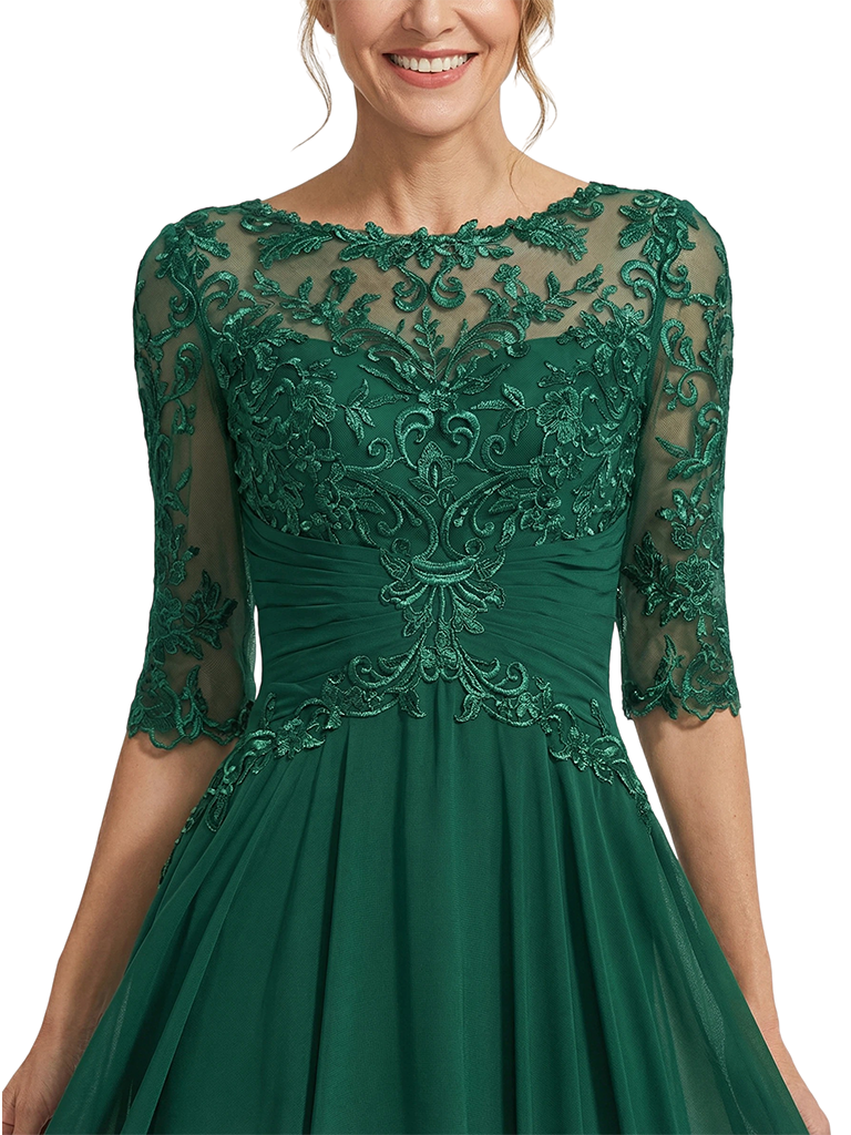 ChicSew Jewel Half Sleeve Lace Applique Ruched A-Line Floor Length Chiffon Fancy Mother of the Bride Dresses