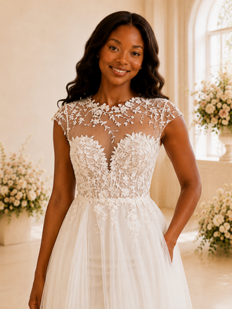 ChicSew Romantic Illusion Cap Sleeves Side Slit Tulle Sheath Wedding Dress With Lace Appliques