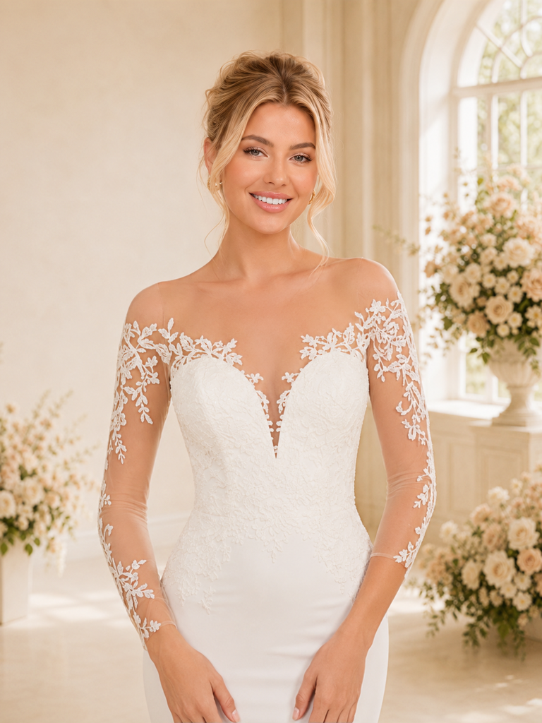 ChicSew Elegant Fancy Illusion Long Sleeves Crepe Mermaid Long Wedding Dresses With Lace Appliques