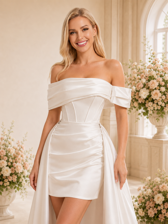 ChicSew Unique Satin Off The Shoulder Sheath Boning Mini Wedding Dresses With Overskirt