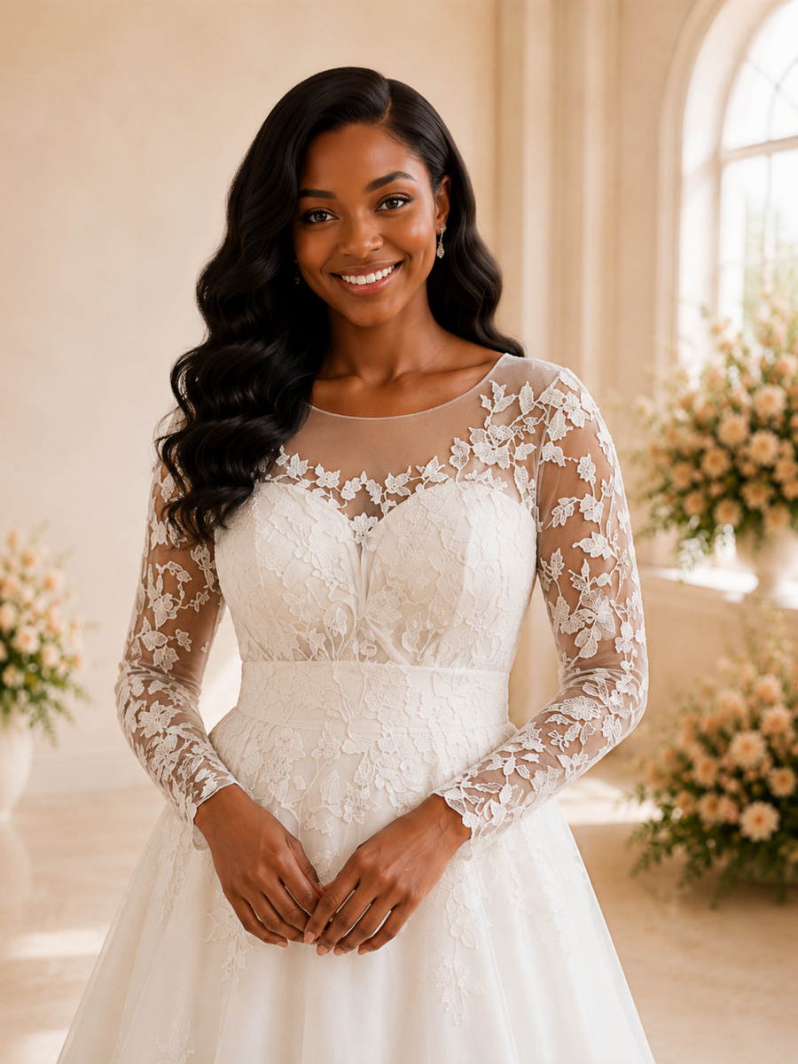 ChicSew Elegant Romantic Illusion Long Sleeves Lace Appliques Tulle A-Line Maxi Wedding Dress