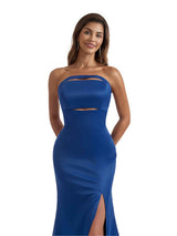 Sexy Mermaid Strapless Simple Silky Satin Long Bridesmaid Dresses Side Slit