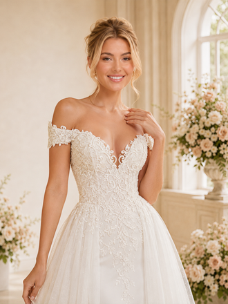 ChicSew Glamorous Lace Tulle Mermaid Off The Shoulder Full‑Length Wedding Dresses With Overskirt