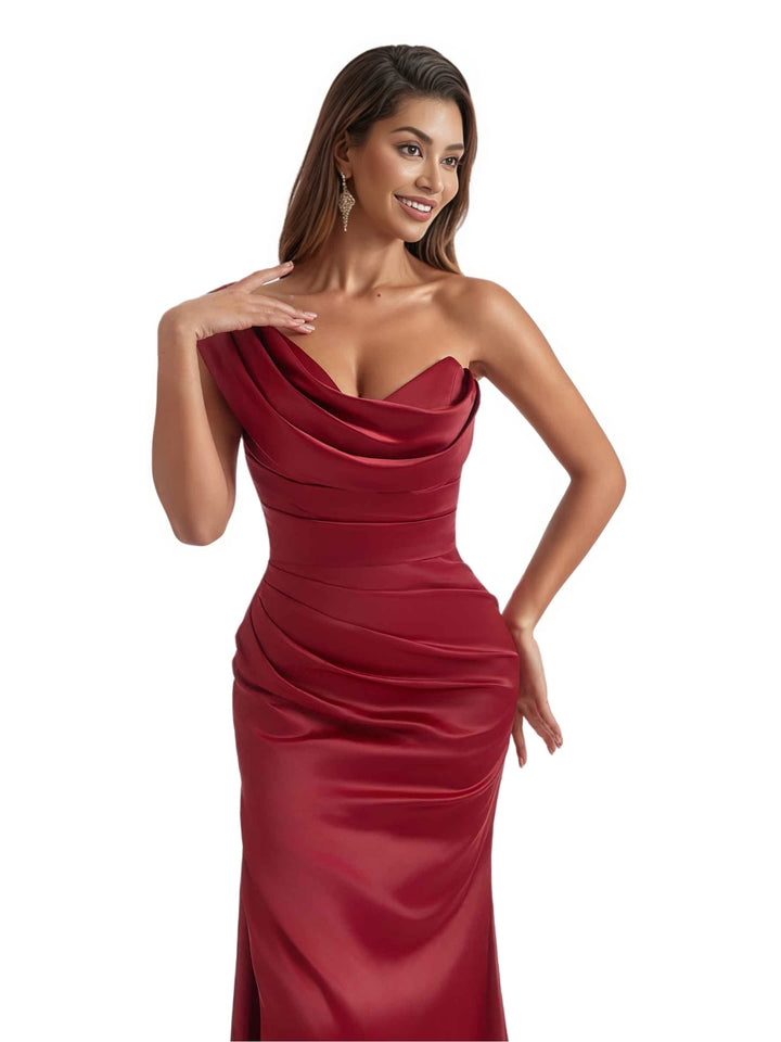 Sexy One Shoulder Side Slit Silky Satin Floor-Length Mermaid Bridesmaid Dresses
