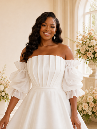 ChicSew Fancy Strapless Ruching Puff Sleeves A-Line Tea-Length Wedding Dress