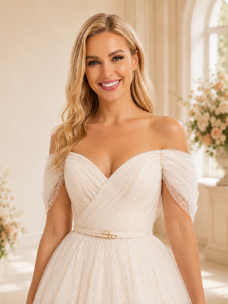 ChicSew Elegant A-line Off The Shoulder Glitter Tulle Midi Wedding Dresses Open Back