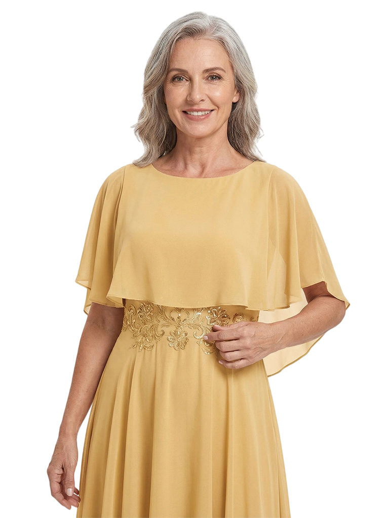 ChicSew Scoop Short Flutter Sleeve Lace Applique Waist Knee Length Chiffon Romantic Mom Of The Groom Dresses
