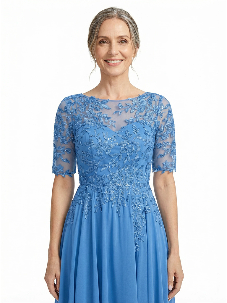 ChicSew Illusion Short Sleeve Beaded Lace Applique A Line High Low Midi Length Chiffon Modern Mother of the Bride Dresses