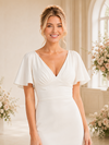 Chicsew Fancy V-Neck Short Sleeves Sheath Tea-Length Crepe Wedding Dress