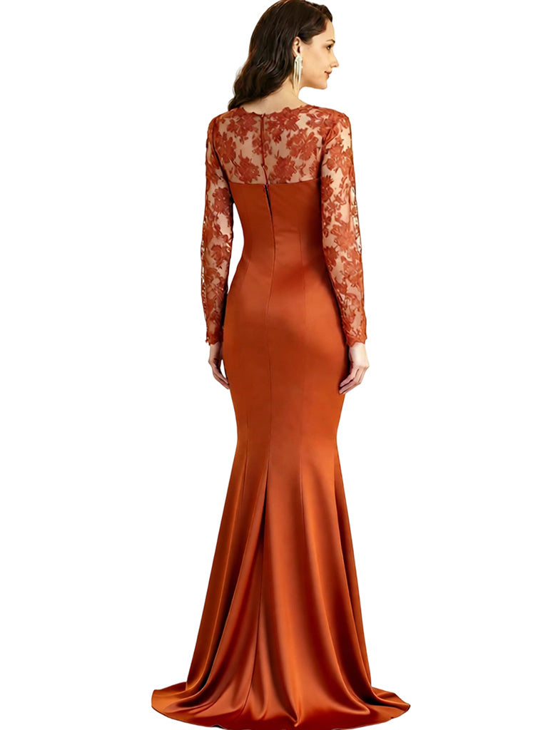 Elegant V-Neck Long Sleeves Satin Side Slit Long Mother of The Bride Dresses