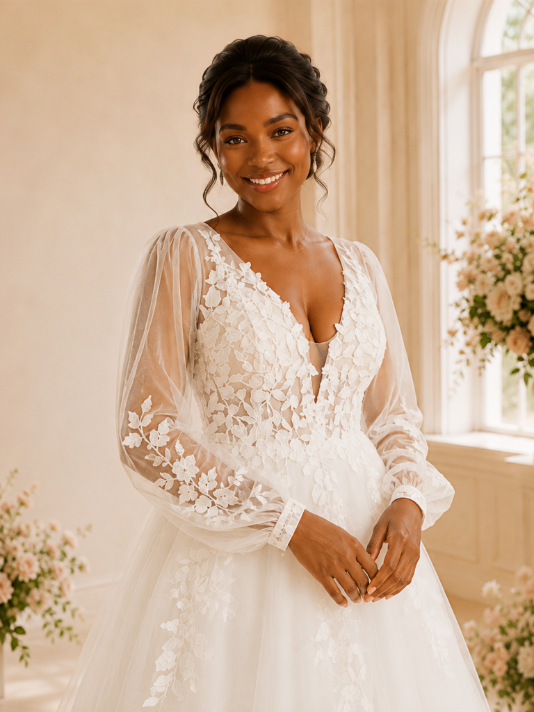 ChicSew Elegant A-Line V-Neck Long Sleeves Tulle Maxi Wedding Dress With Lace Appliques