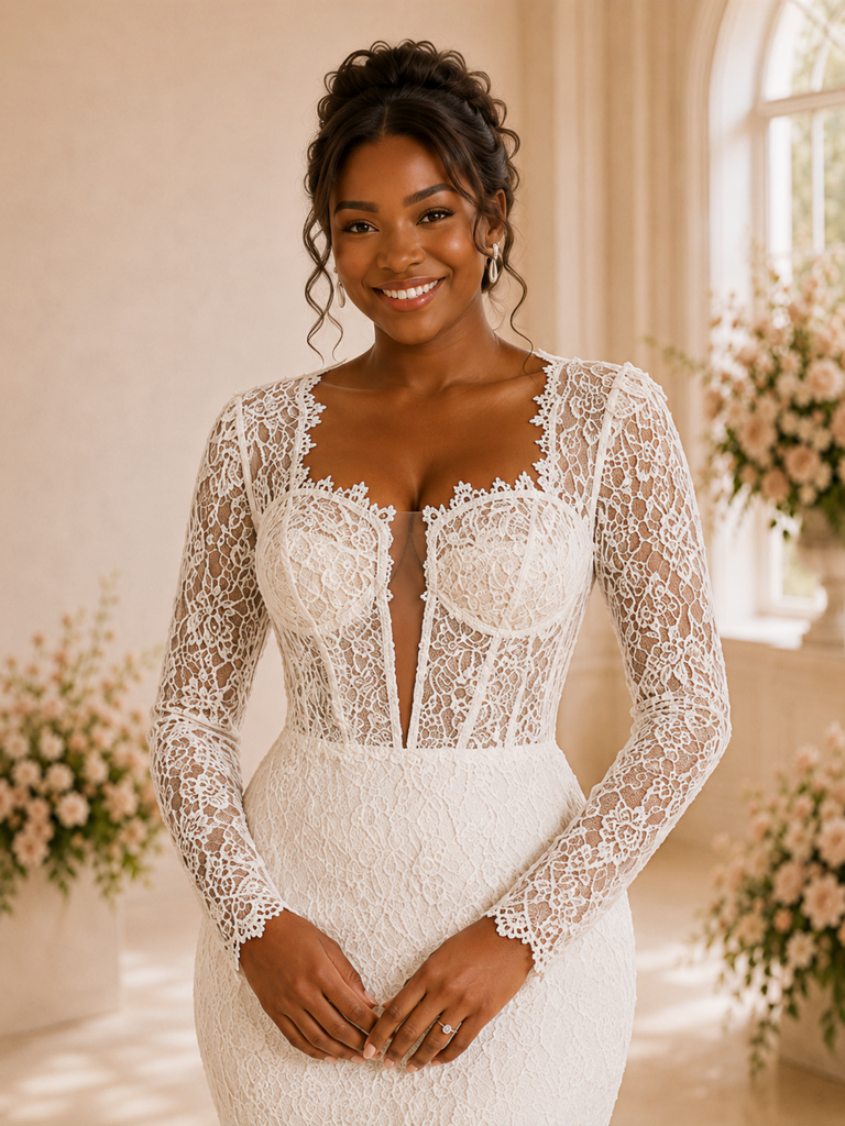 ChicSew Romantic Square Neck Long Sleeves Lace Mermaid Maxi Wedding Dress