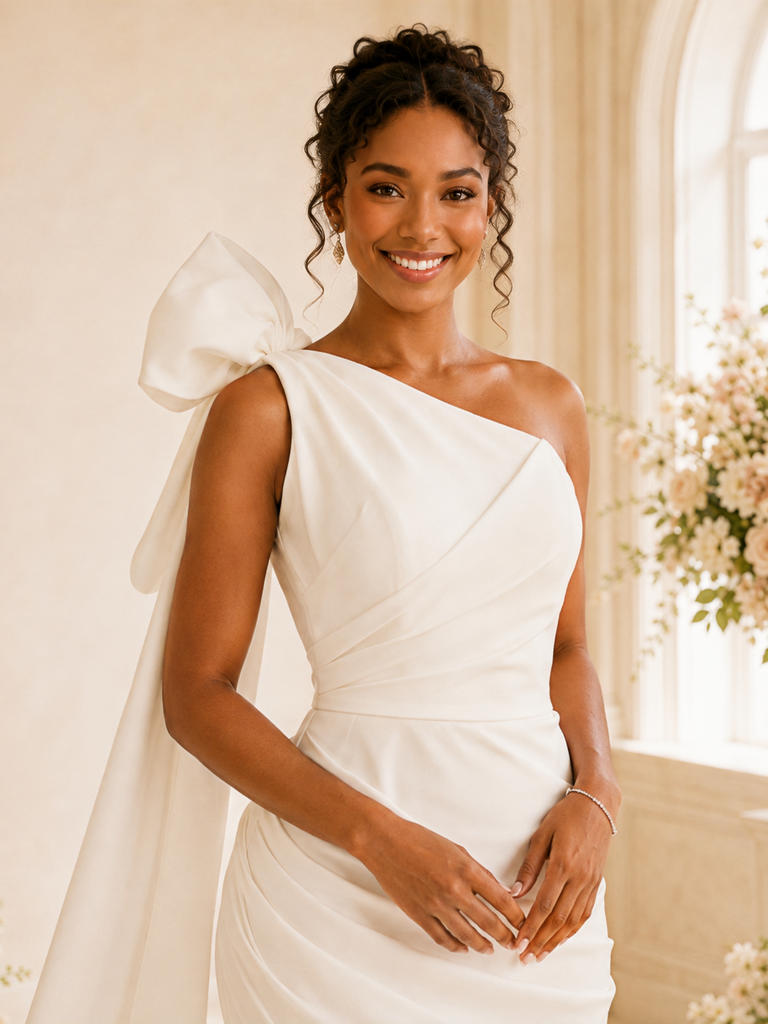 ChicSew Elegant One Shoulder Crepe Sheath Side Slit Ruched Tea-Length Wedding Dress With Oversized Bow