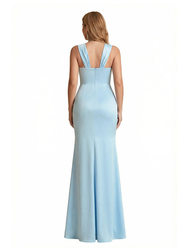 Asymmetrical Neck Sexy Mermaid Side Slit Silky Satin Maxi Formal Evening Dresses For Women