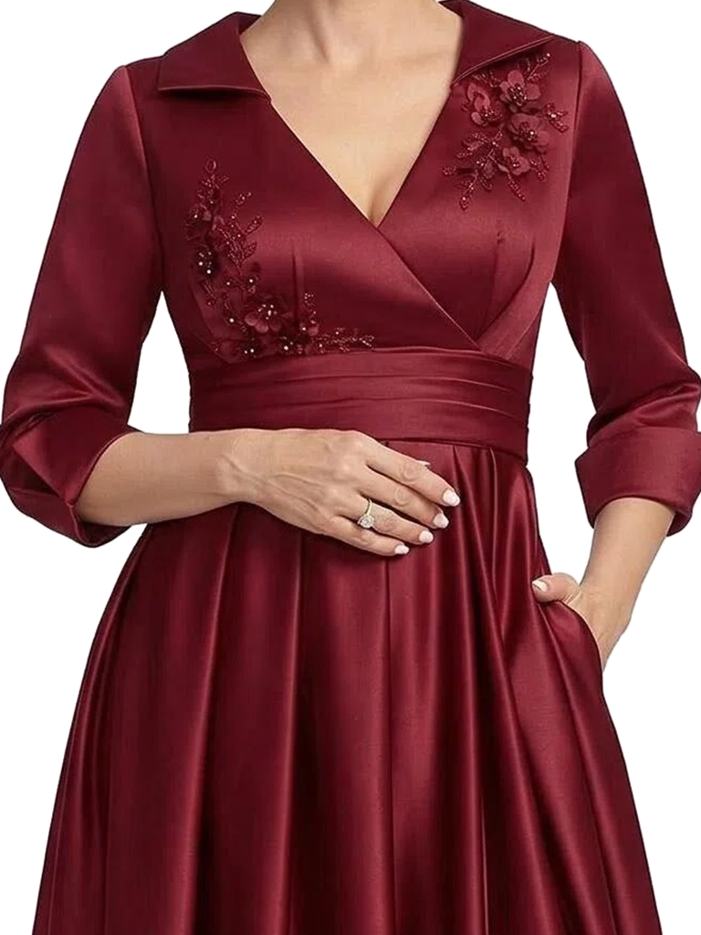 ChicSew Classy V-Neck Satin A-Line Mother Of The Groom Gown With Lace Applique Long Sleeves