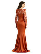 Elegant V-Neck Long Sleeves Lace Satin Side Slit Mermaid Long Mother Of The Bride Dresses
