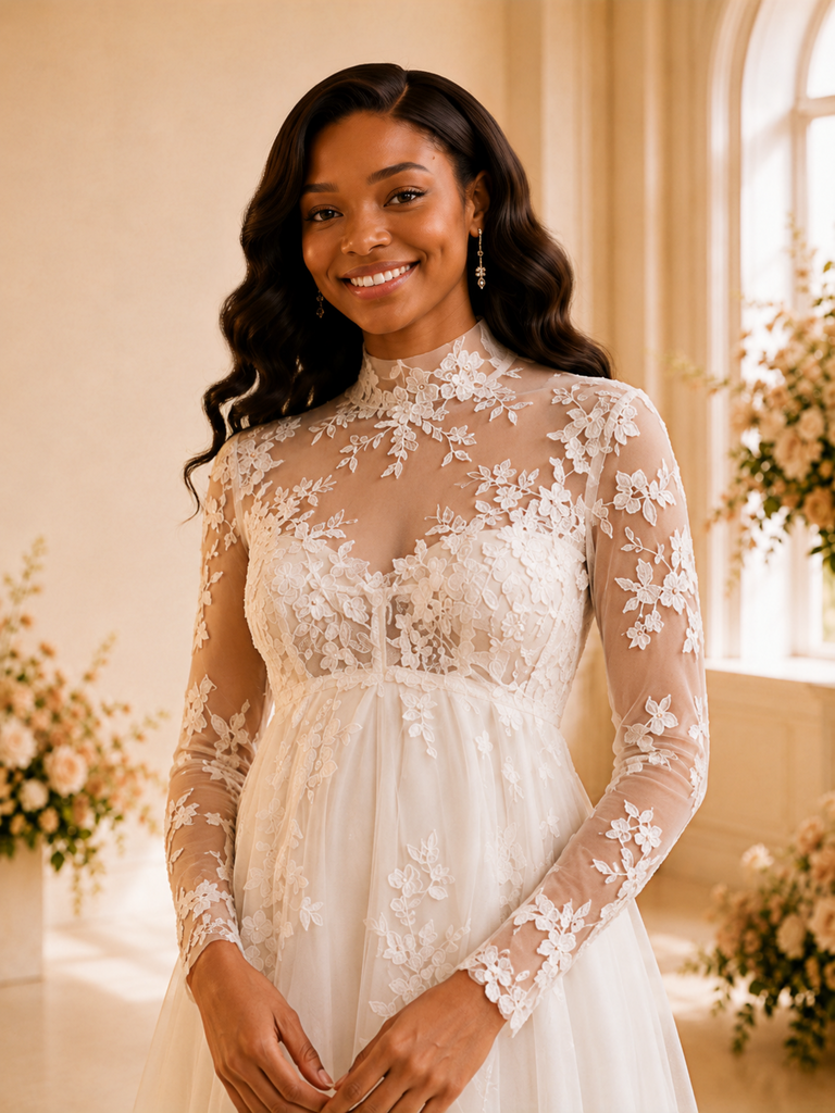 ChicSew Elegant High Neck Long Sleeves Lace Appliques Tulle Tea-Length Wedding Dress