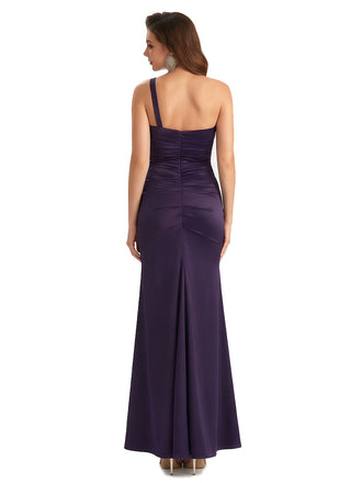 Sexy Mermaid One Shoulder  Ruched Silky Satin Maxi Formal Evening Dresses For Women Side Slit