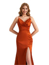 Sexy Satin Spaghetti Straps Side Split V-Neck Mermaid Long Bridesmaid Dresses