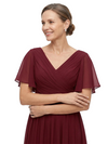 ChicSew V-Neck Short Flutter Sleeve Ruched Bodice Lace Hem Floor Length Chiffon Modern Mother of the Bride Dresses