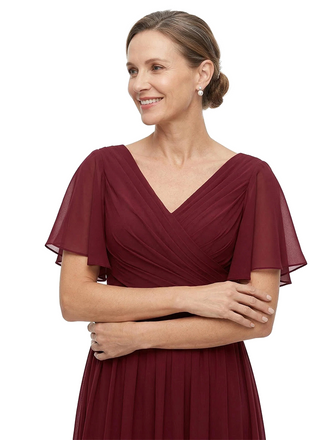 ChicSew V-Neck Short Flutter Sleeve Ruched Bodice Lace Hem Floor Length Chiffon Modern Mother of the Bride Dresses