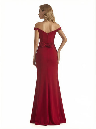 Women's Elegant Jersey Off The Shoulder Side Slit Bow Knot Mermaid Maxi Evening Dresses