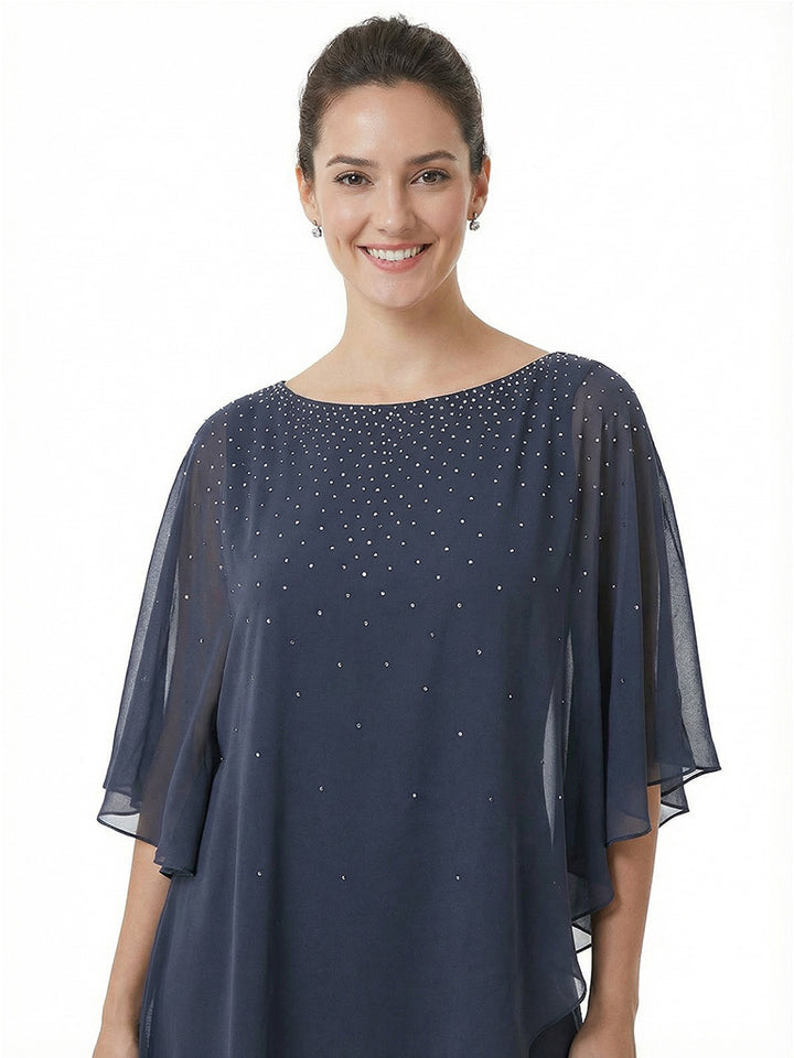 Modern Beaded Half Sleeves Asymmetric Chiffon Pantsuits For Mother Of The Bride