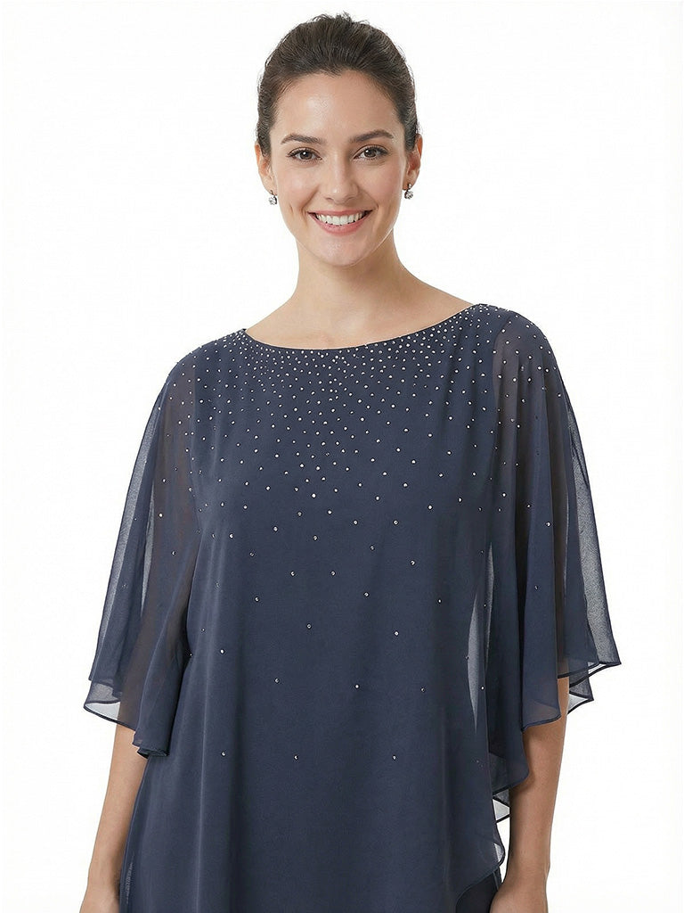 Modern Beaded Half Sleeves Asymmetric Chiffon Pantsuits For Mother Of The Bride