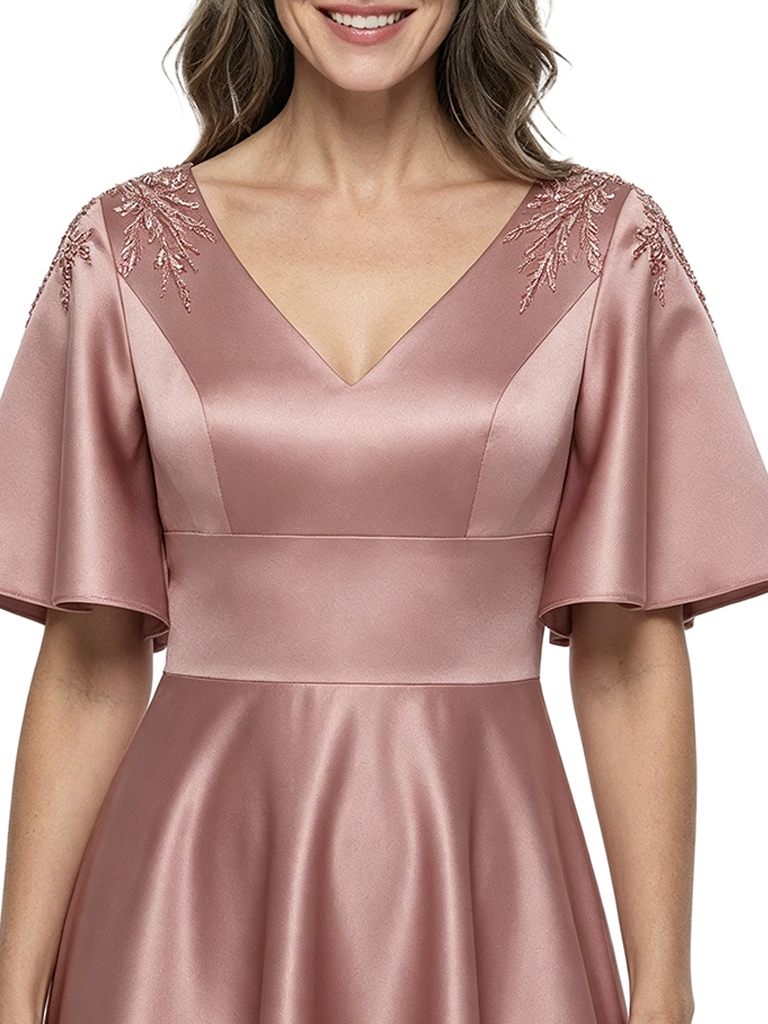 ChicSew Fancy V-Neck Lace Appliques Silky Satin A-Line Mother Of The Groom Evening Gowns