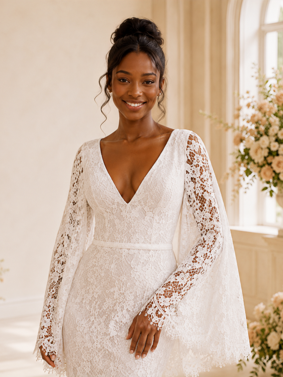 ChicSew Romantic V-Neck Long Flutter Sleeves Tulle Lace Appliques Maxi Wedding Dress