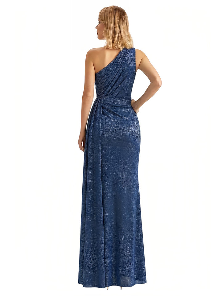Shiny One Shoulder Mermaid Glitter Jersey Side Slit Maxi Formal Dresses For Women