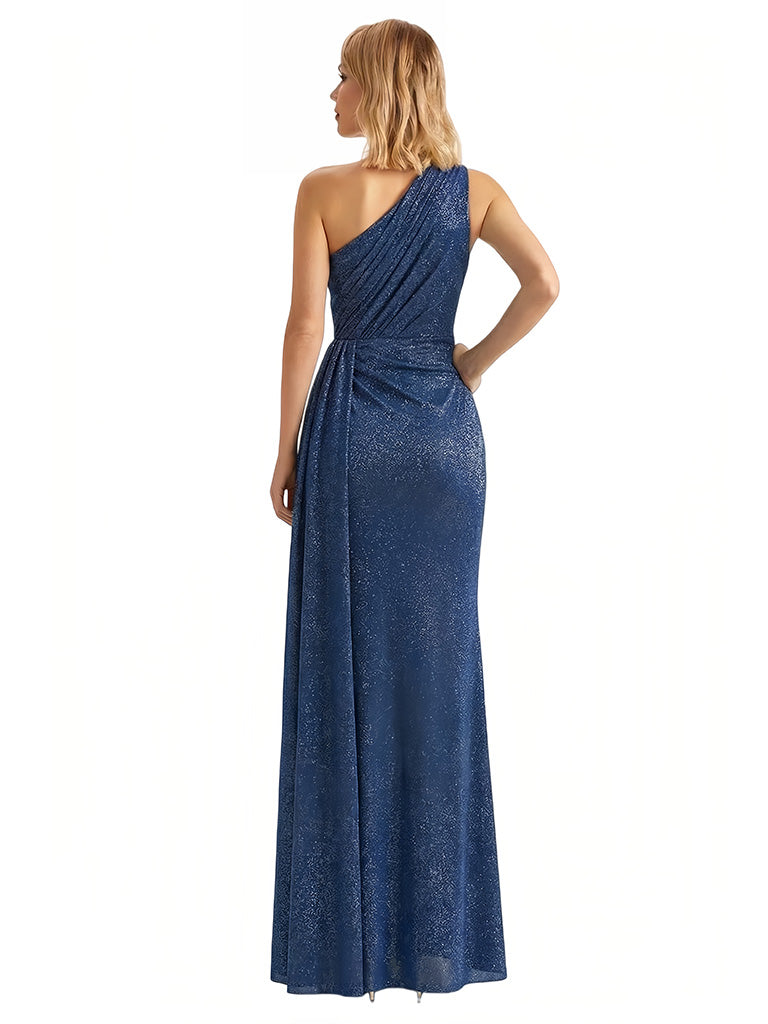 Shiny One Shoulder Mermaid Glitter Jersey Side Slit Maxi Formal Dresses For Women