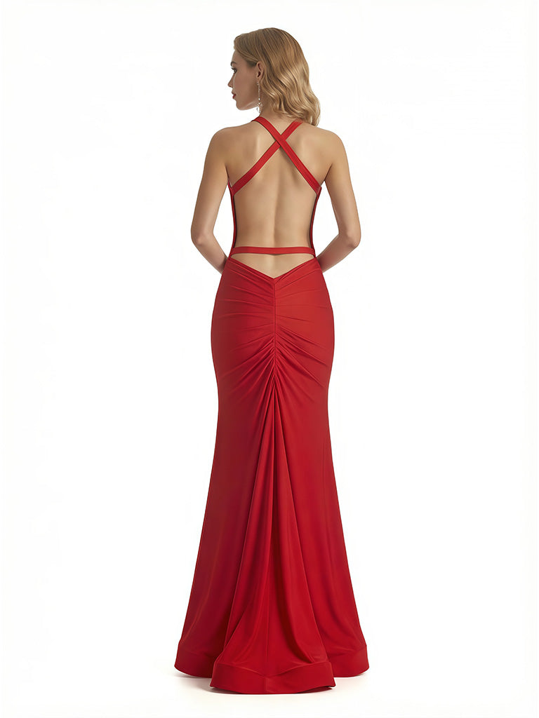 Sexy V-Neck Mermaid Jersey Long Formal Dresses For Women Side Slit Spaghetti Straps