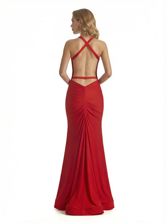 Sexy V-Neck Mermaid Jersey Long Formal Dresses For Women Side Slit Spaghetti Straps