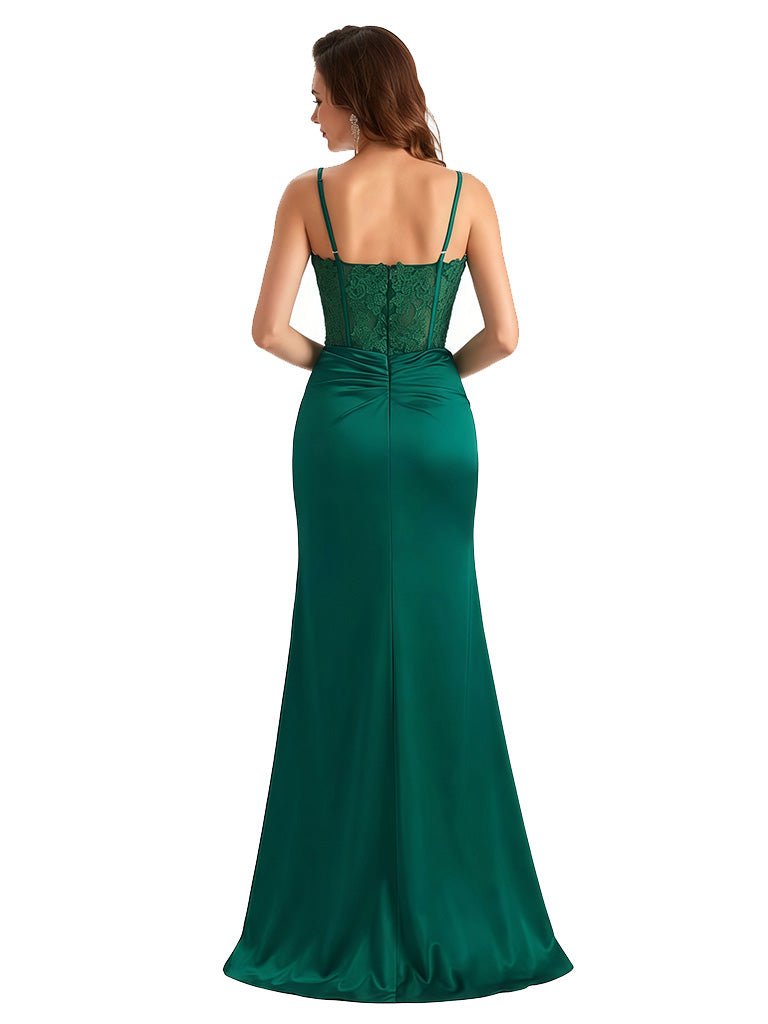 Sexy Spaghetti Straps Lace Silky Satin Mermaid Long Formal Dresses