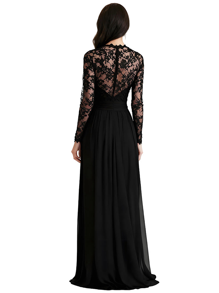 Elegant Chiffon V-neck Long Sleeves Lace Long Mother of The Bride Dresses