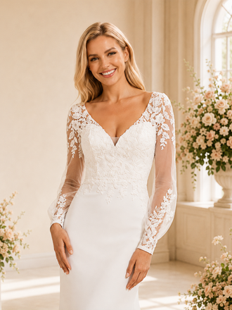ChicSew Fancy V-Neck Crepe Mermaid Lace Long Sleeves Maxi Wedding Dress With Train