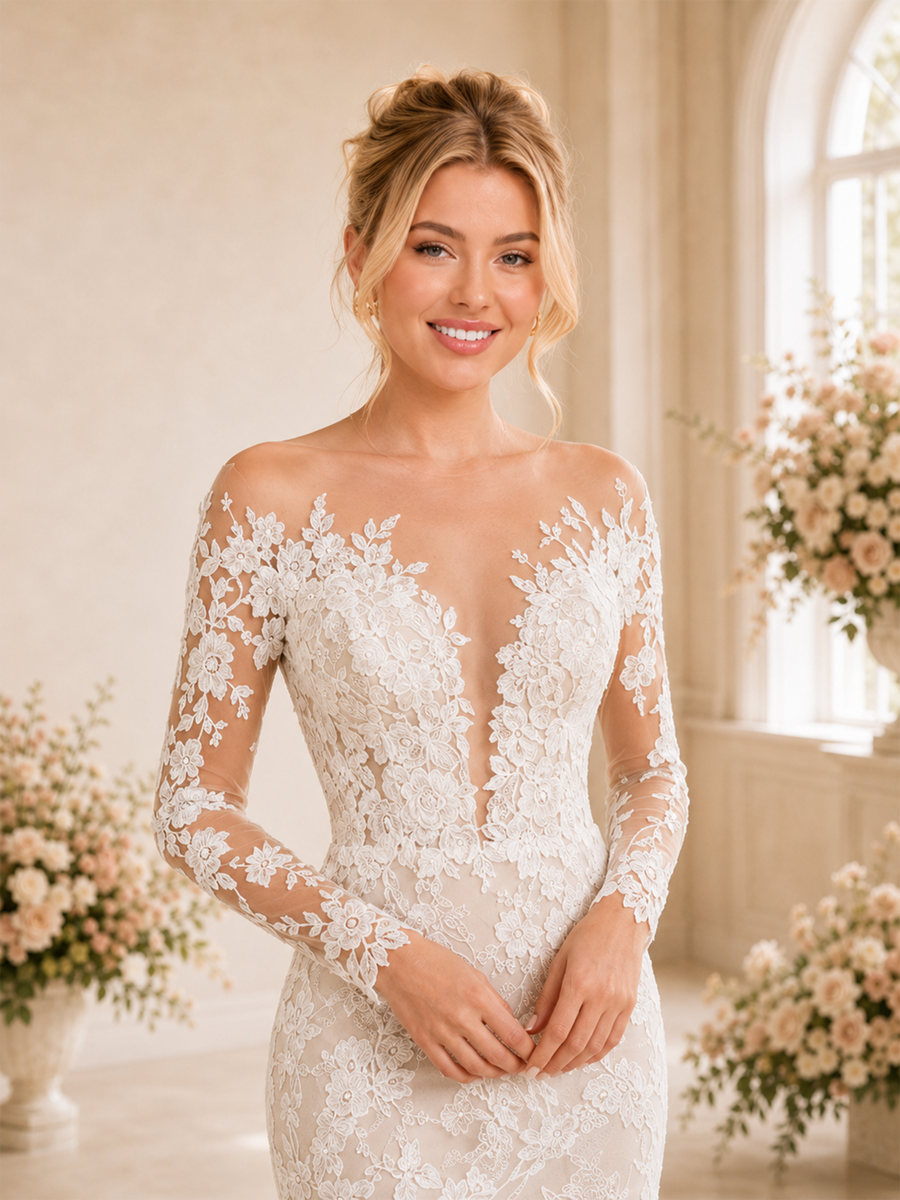 ChicSew Sexy Deep V-Neck Mermaid Lace Long Sleeves Wedding Dress Long Train