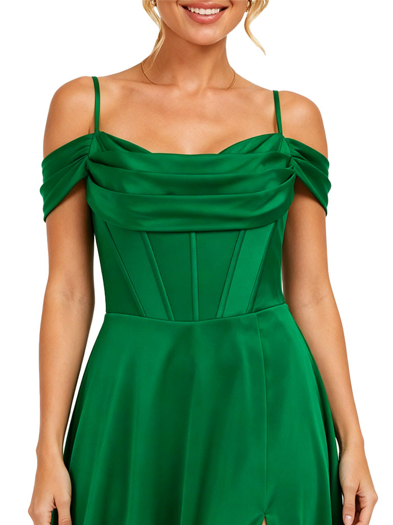 ChicSew Elegant Cold Shoulder Boning Side Slit A-Line Floor-Length Satin Bridesmaid Dresses