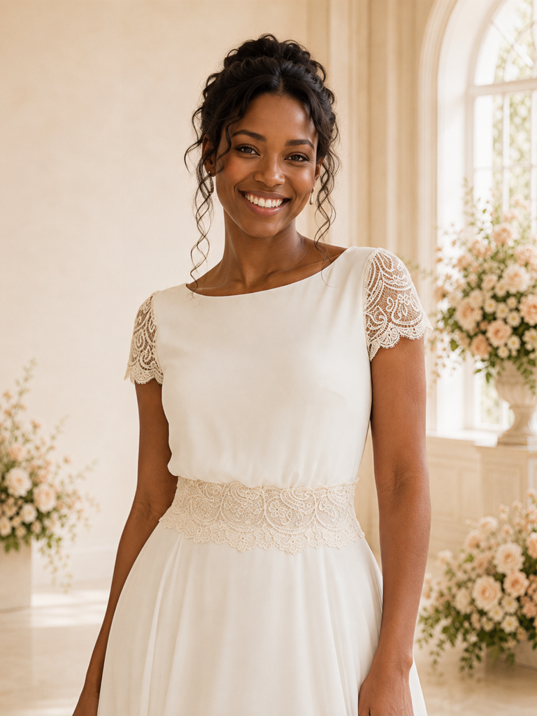ChicSew Classy Chiffon Short Sleeves A-Line Floor-Length Wedding Dress With Lace Applique