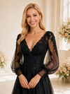 ChicSew Pretty Unique V-Neck Lace Tulle A-Line Long Sleeves Maxi Long Wedding Dresses With Applique