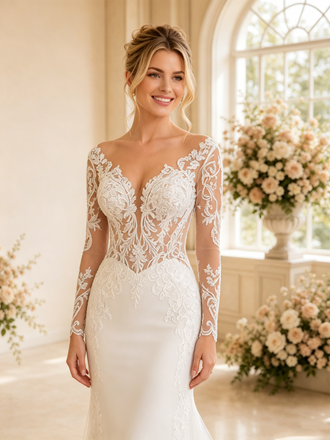 ChicSew Delicate V-Neck Mermaid Lace Tulle Long Sleeves Maxi Long Wedding Dresses