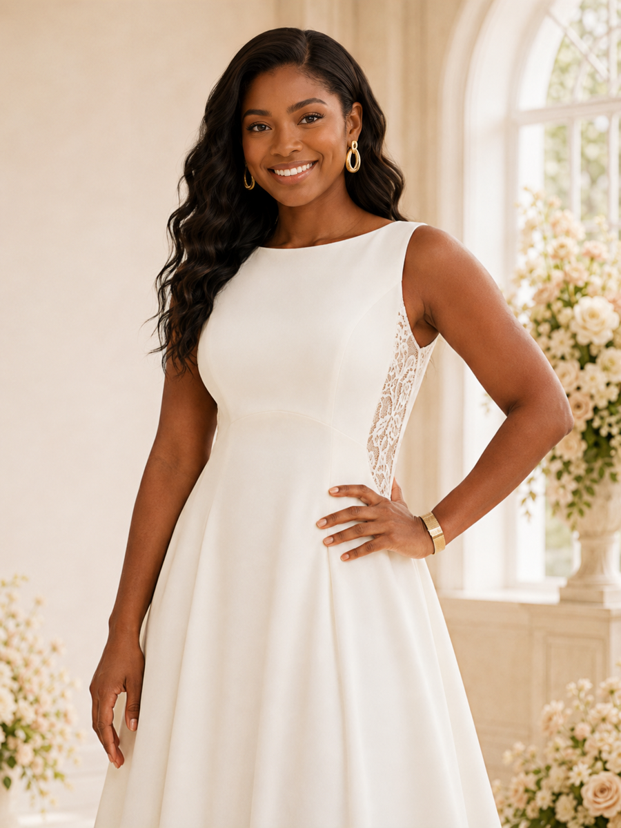 ChicSew Elegant Bateau Sleeveless Long A-Line Crepe Wedding Dress With Lace Appliques